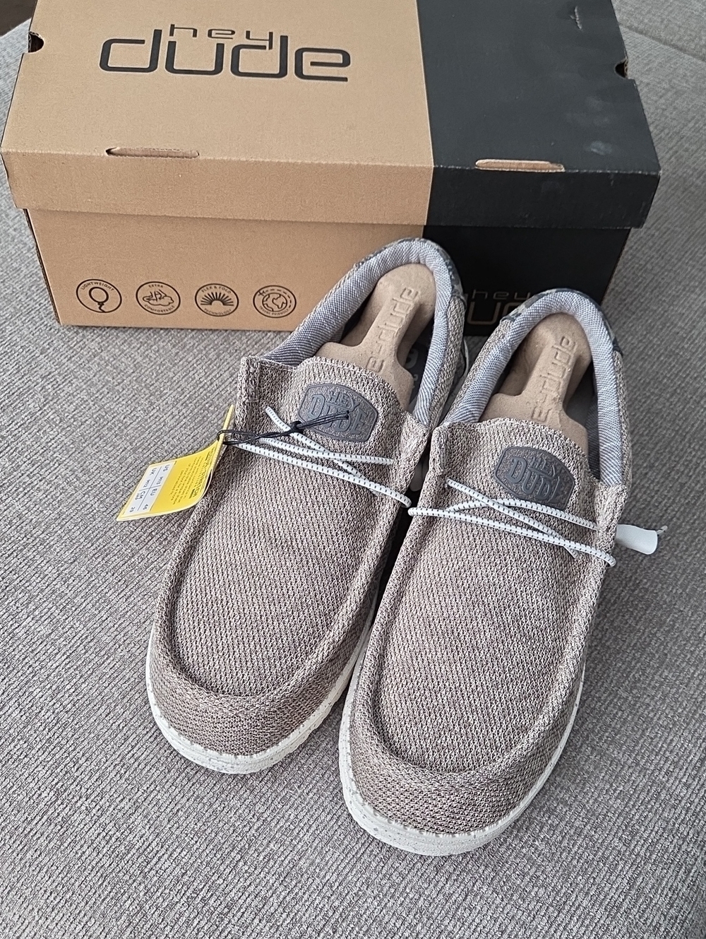 NWT - Hey Dude Men’s Slip-On Shies in Taupe Linen With Camo On The Back Heel